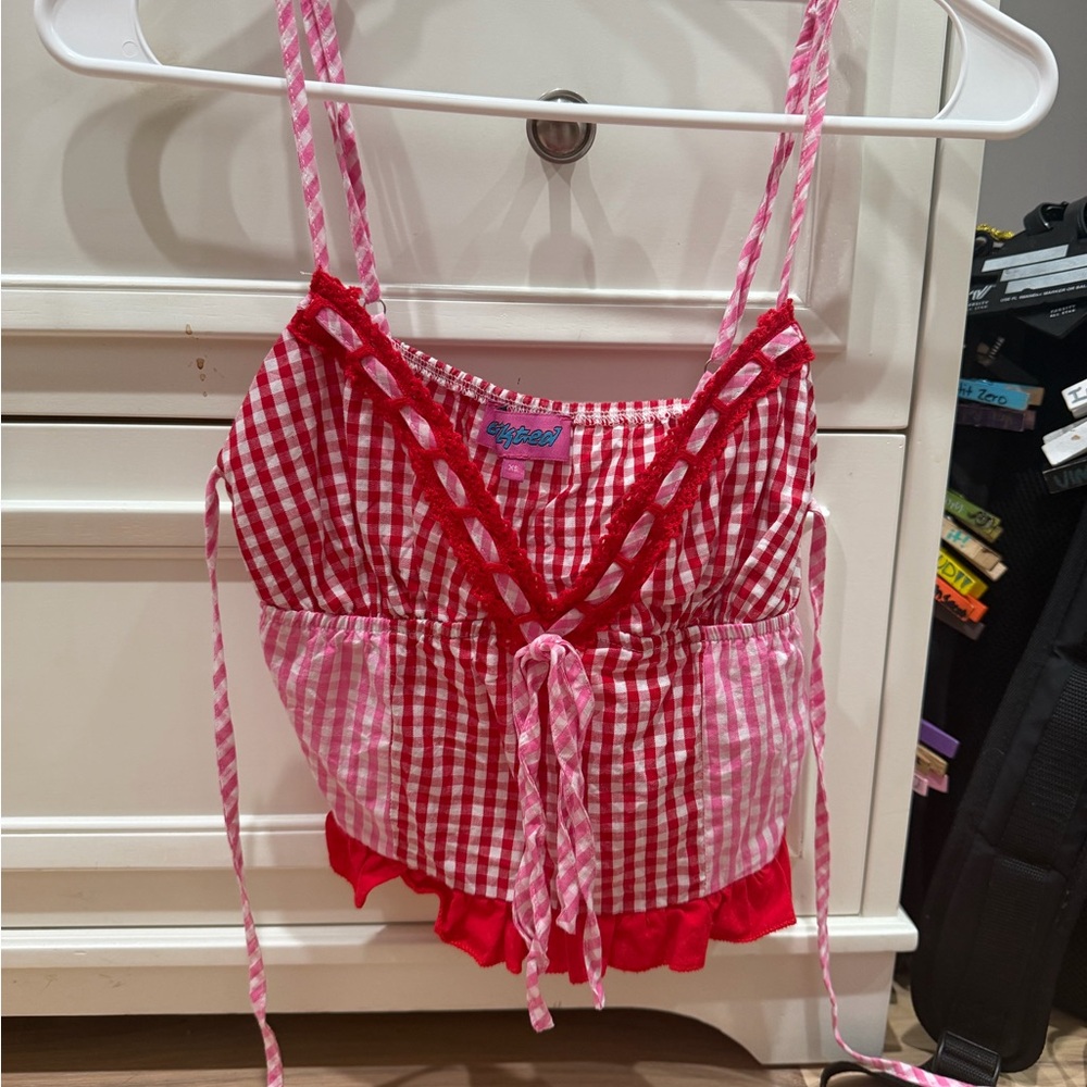 Edikted Red & White Gingham Tie-Front Crop Top
